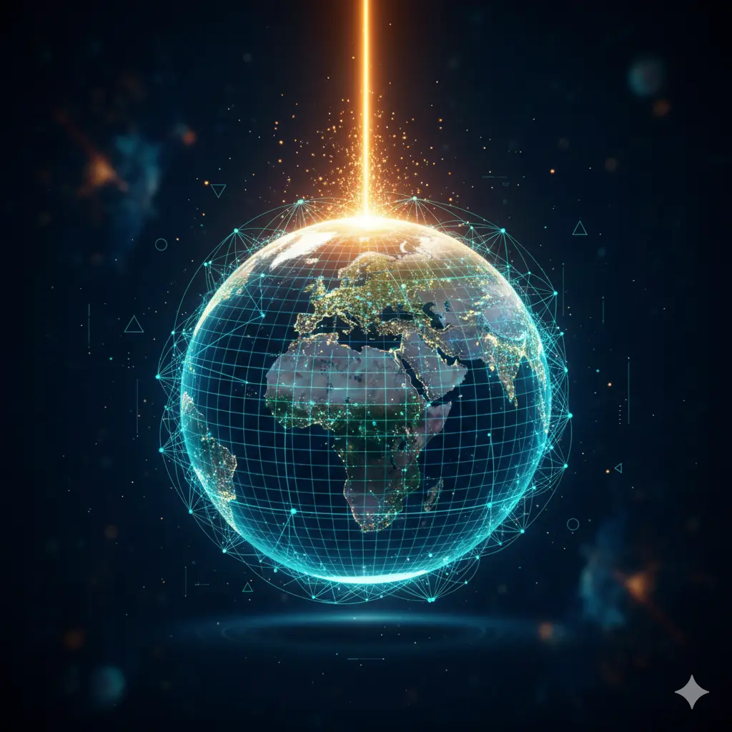 Ilustrasi GeoAI: peta, citra satelit, dan jaringan saraf